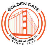 A red and white logo for the golden gate burglar alarm company.