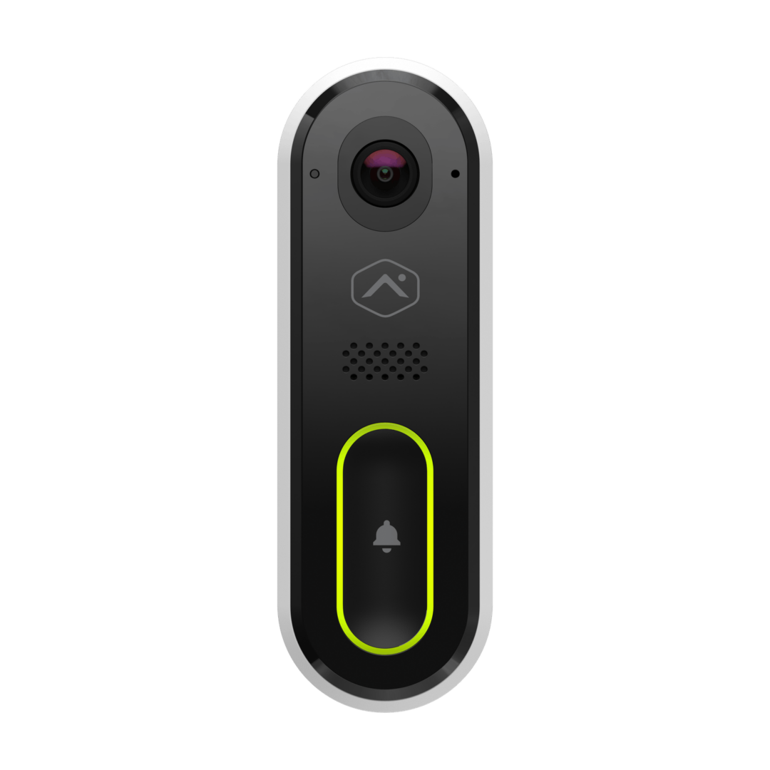 A black and white picture of a video doorbell.